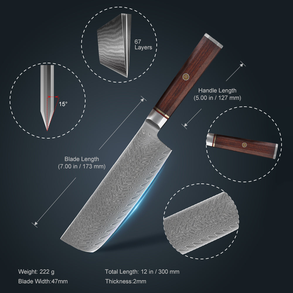 Damascus VG10 Japanese Nakiri Knife Rosewood Handle